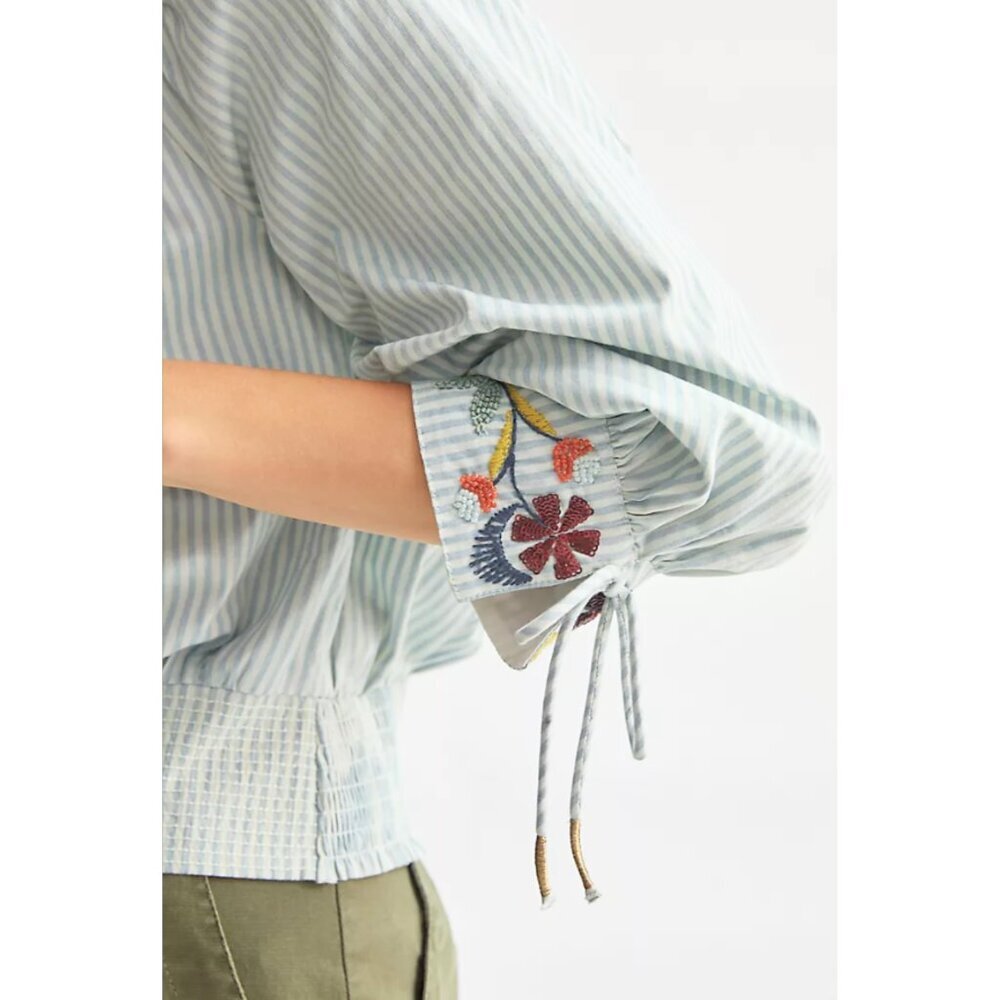 ANTHROPOLOGIE | Beaded Puff-Sleeved Blouse Blue White Small Fairycore Coquette - Picture 4 of 11